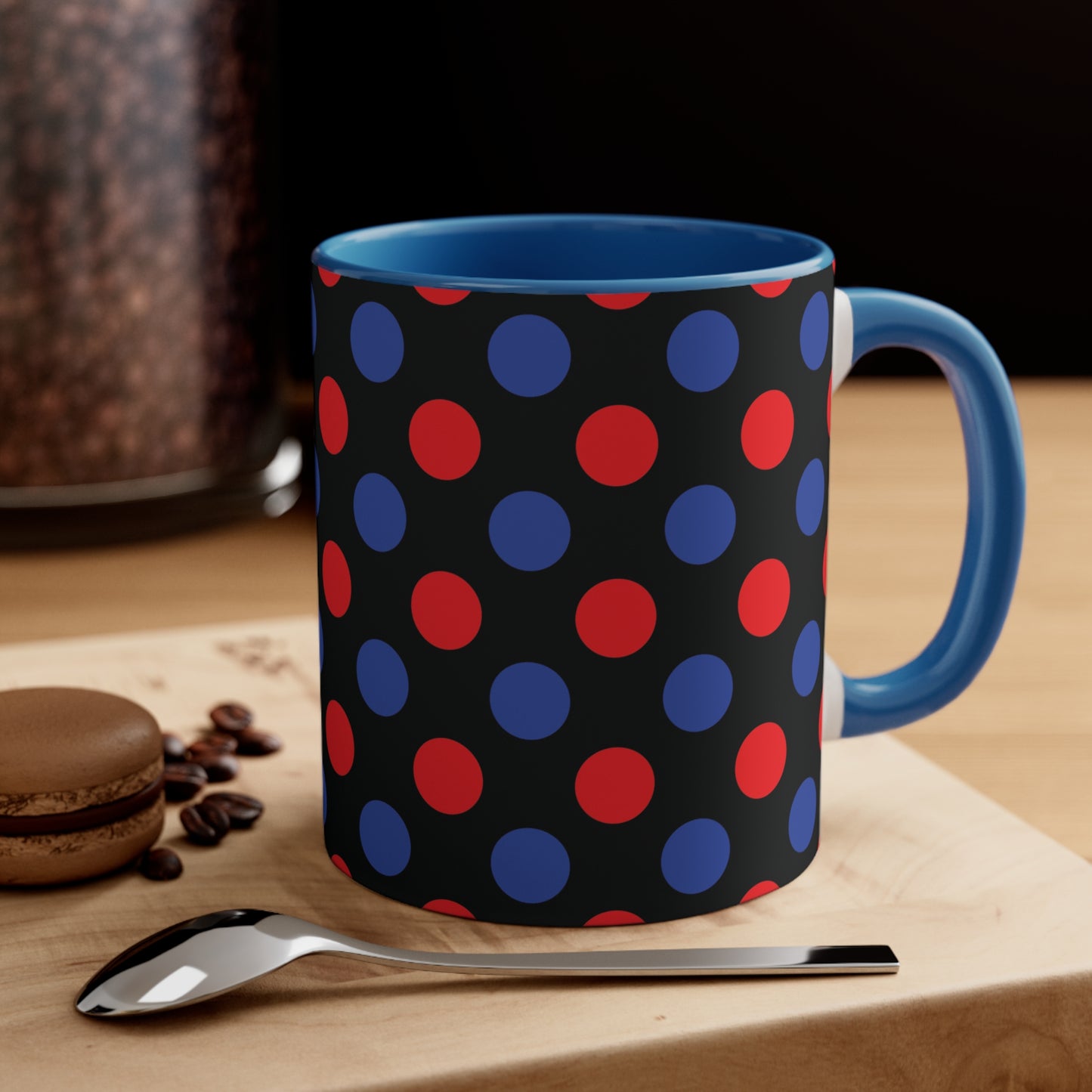 Red and Blue Polka Dot Accent Coffee Mug, 11oz